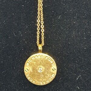 Michael‎ Kors Heritage Gold Tone Round Logo Pendant Necklace Crystal Accent